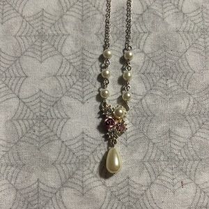 SAQ Faux Pearl Rose Rhinestone Necklace